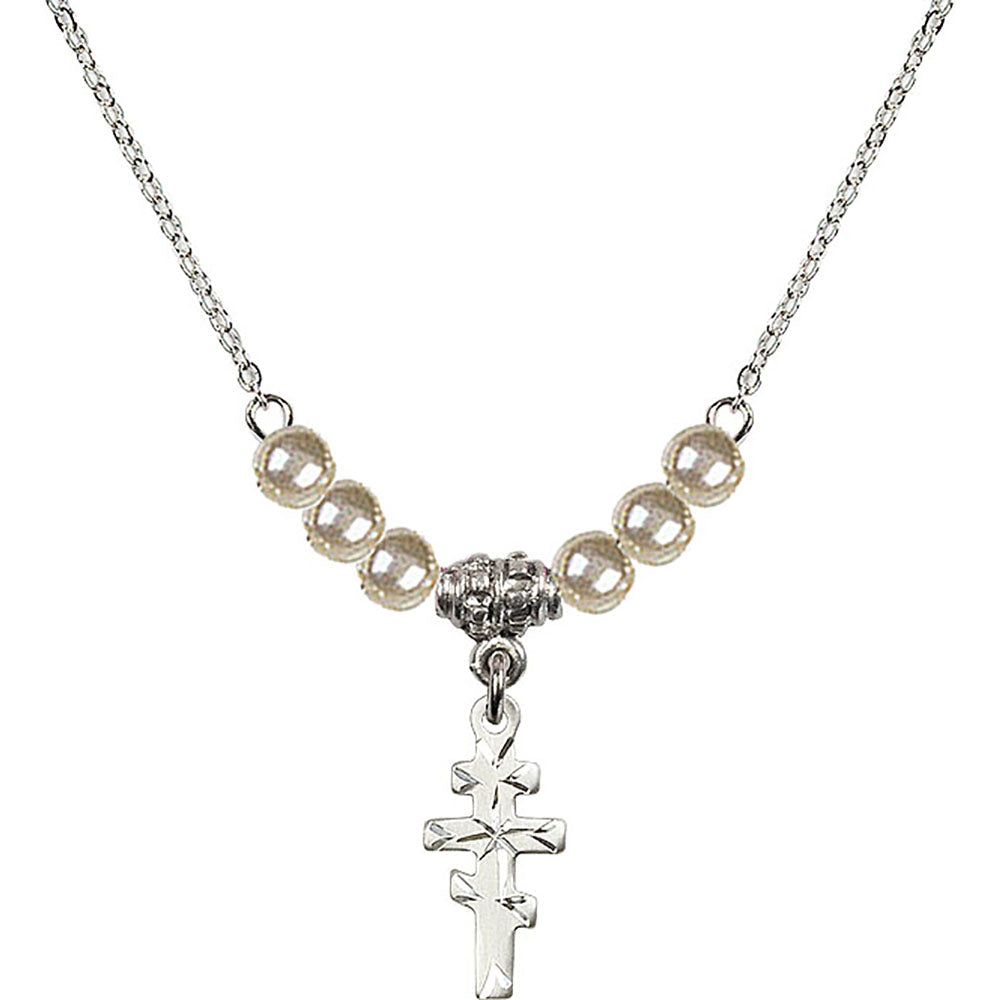 Sterling Silver Greek Orthadox Cross Birthstone Necklace with Faux-Pearl Beads - 5654