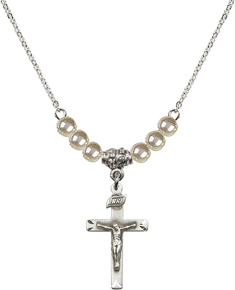 Sterling Silver Crucifix Birthstone Necklace with Faux-Pearl Beads - 5668