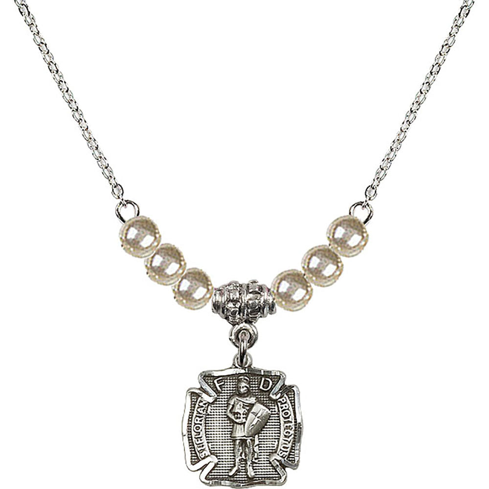 Sterling Silver Saint Florian Birthstone Necklace with Faux-Pearl Beads - 5686