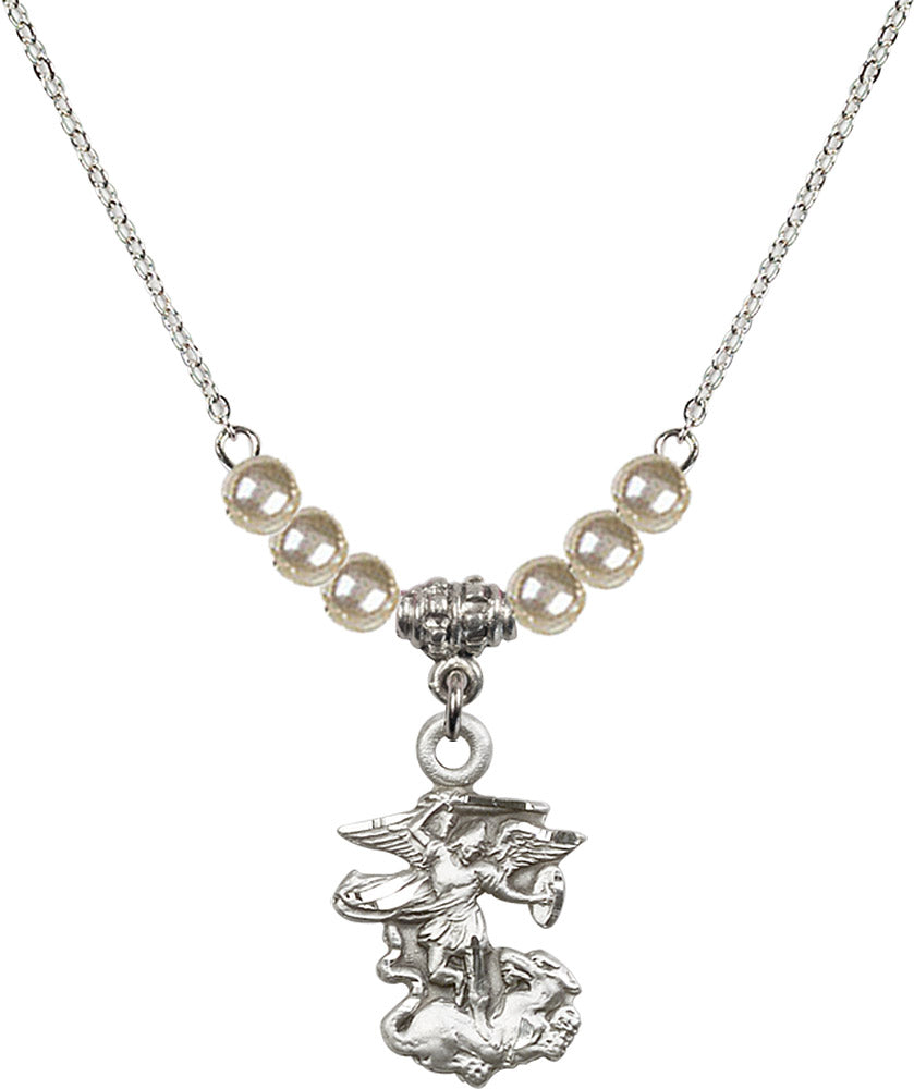 Sterling Silver Saint Michael the Archangel Birthstone Necklace with Faux-Pearl Beads - 5940