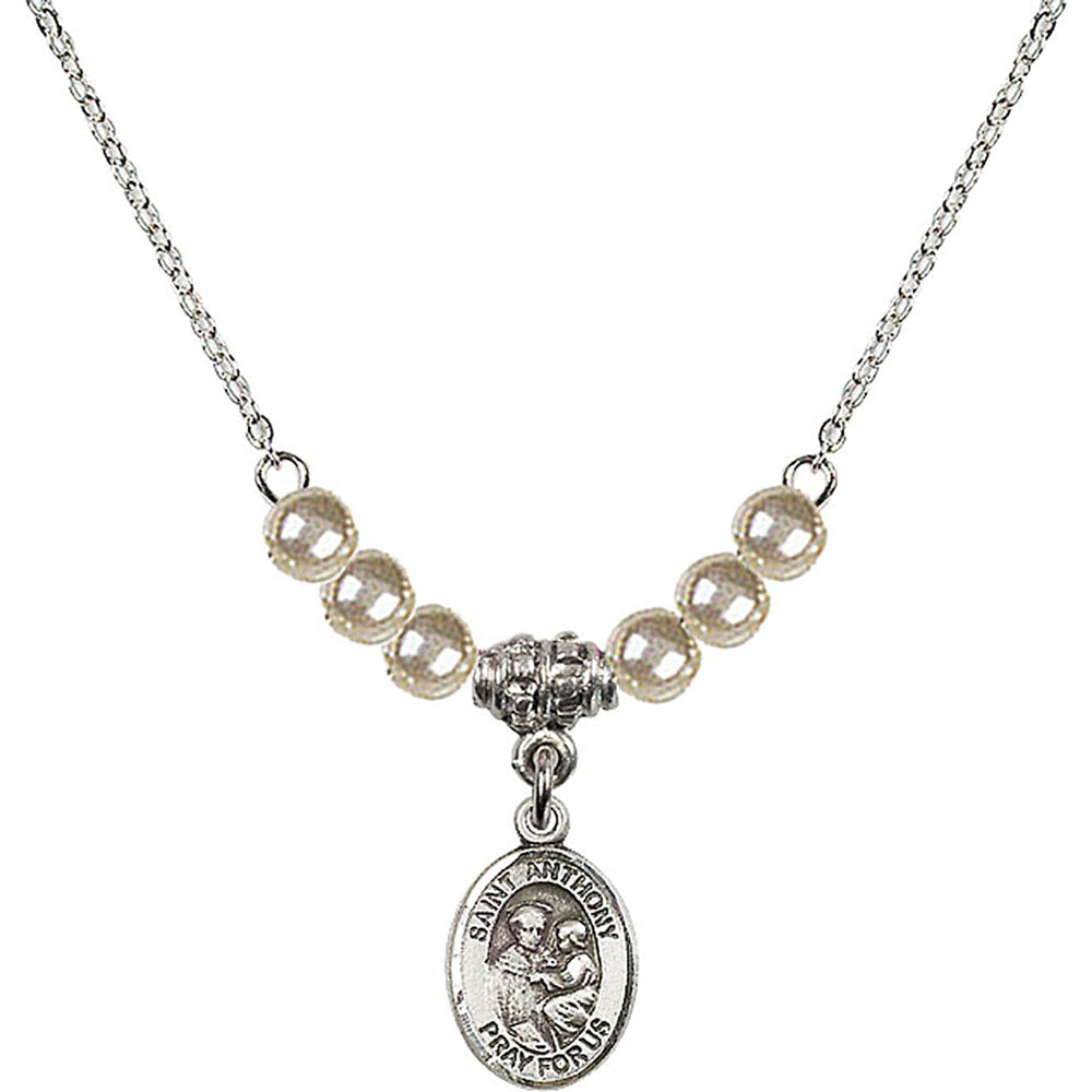 Sterling Silver Saint Anthony of Padua Birthstone Necklace with Faux-Pearl Beads - 9004