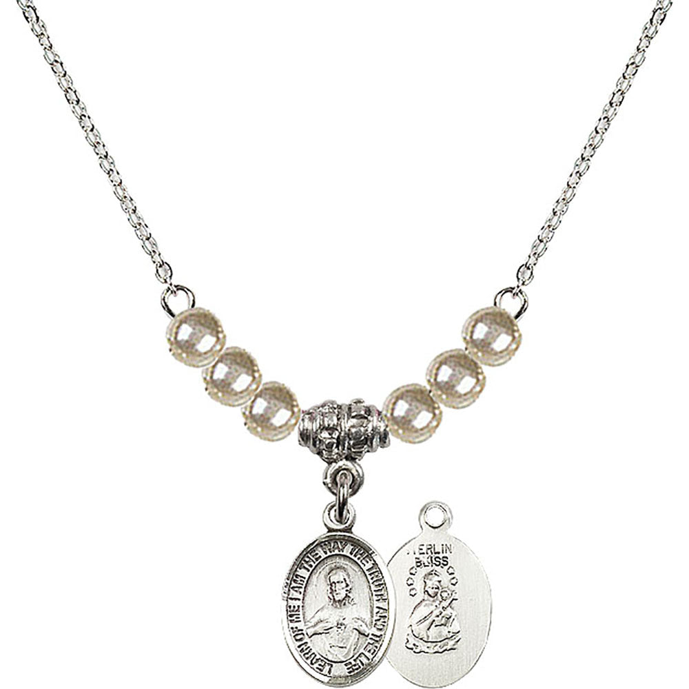 Sterling Silver Scapular Birthstone Necklace with Faux-Pearl Beads - 9098