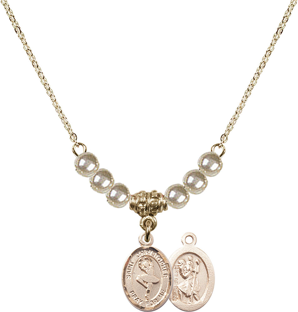 14kt Gold Filled Saint Christopher/Dance Birthstone Necklace with Faux-Pearl Beads - 9143