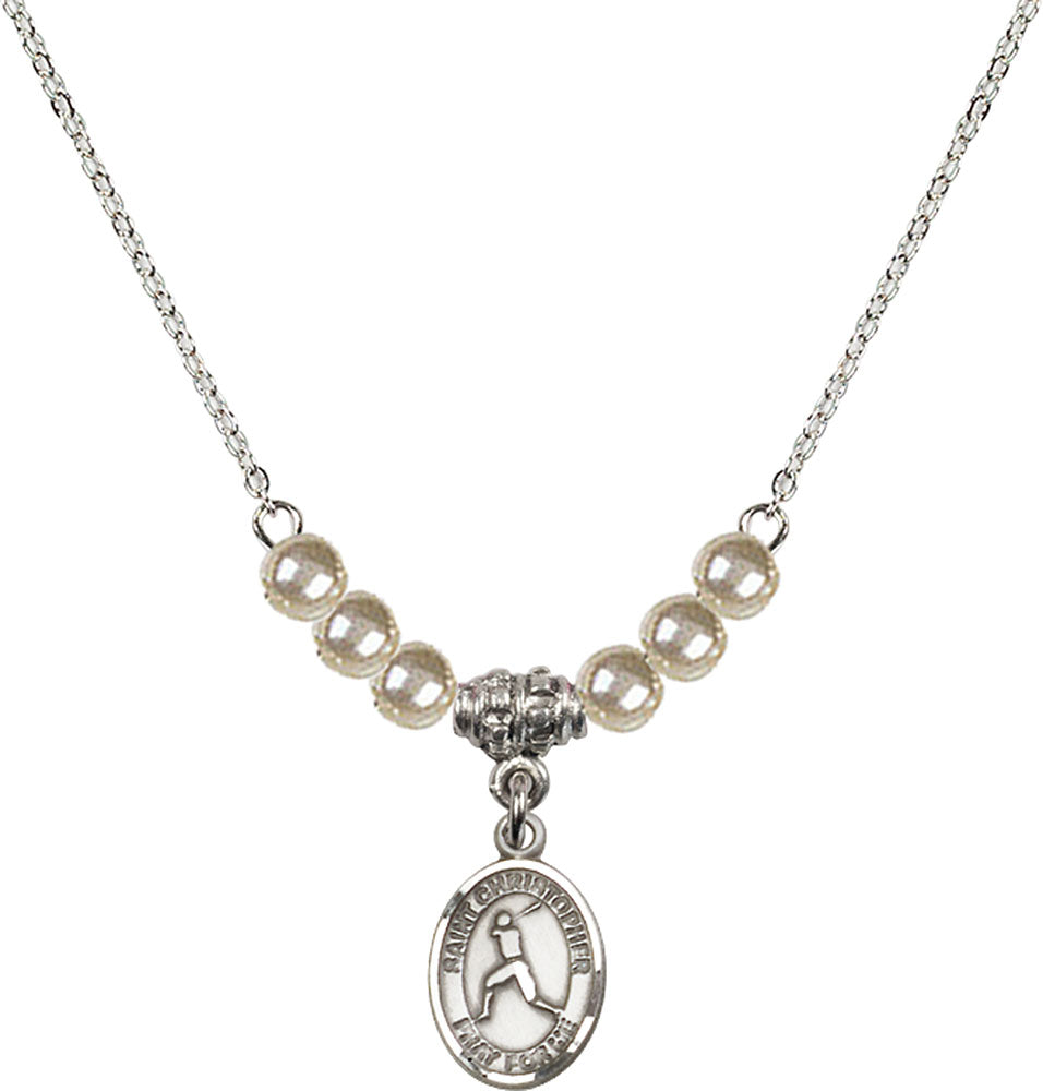 Sterling Silver Saint Christopher/Baseball Birthstone Necklace with Faux-Pearl Beads - 9150