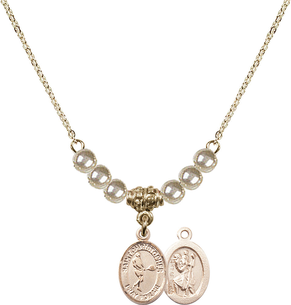 14kt Gold Filled Saint Christopher/Tennis Birthstone Necklace with Faux-Pearl Beads - 9156