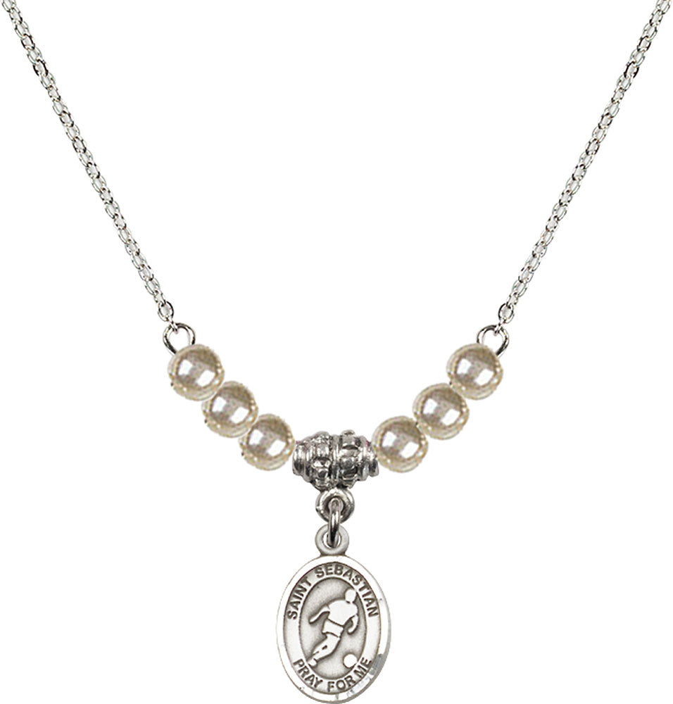 Sterling Silver Saint Sebastian/Soccer Birthstone Necklace with Faux-Pearl Beads - 9164