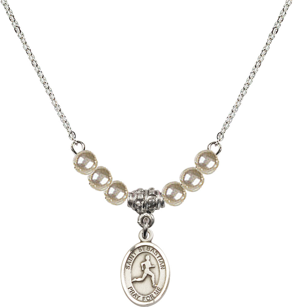 Sterling Silver Saint Sebastian/Track & Field Birthstone Necklace with Faux-Pearl Beads - 9176