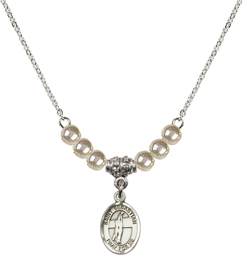 Sterling Silver Saint Sebastian / Volleyball Birthstone Necklace with Faux-Pearl Beads - 9186