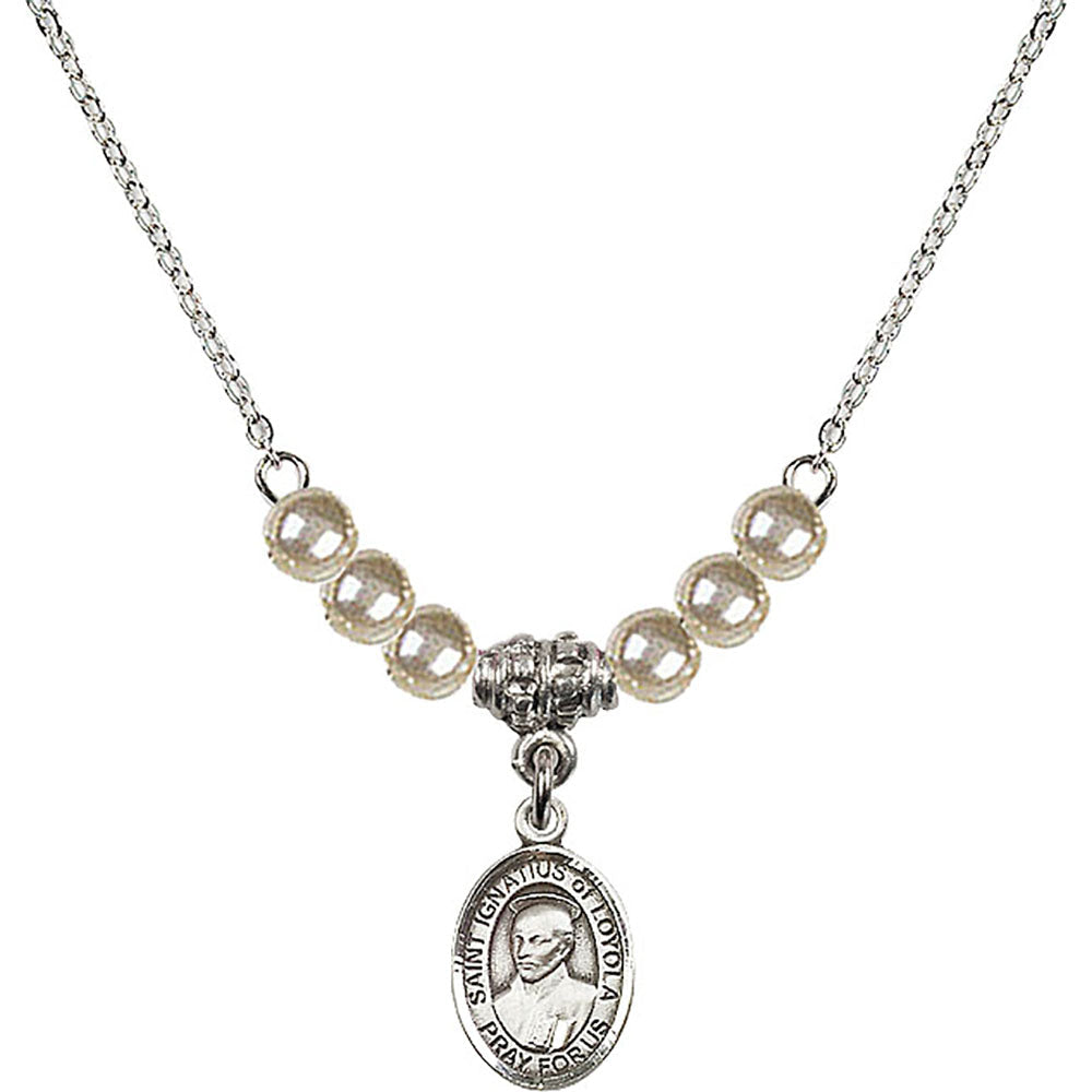 Sterling Silver Saint Ignatius of Loyola Birthstone Necklace with Faux-Pearl Beads - 9217