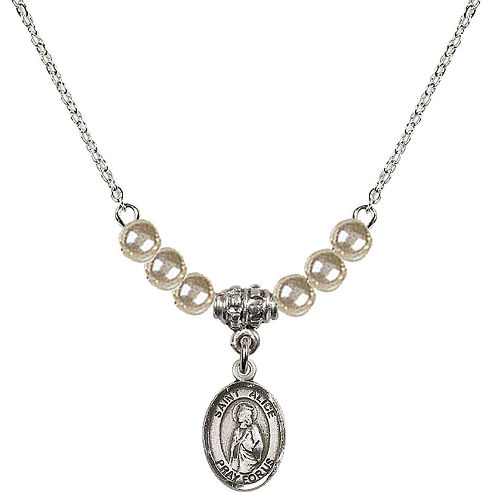 Sterling Silver Saint Alice Birthstone Necklace with Faux-Pearl Beads - 9248
