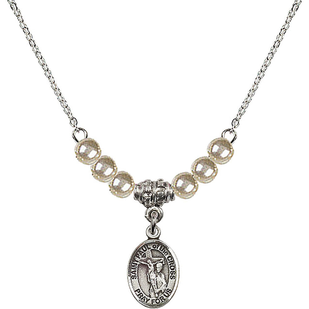 Sterling Silver Saint Paul of the Cross Birthstone Necklace with Faux-Pearl Beads - 9318