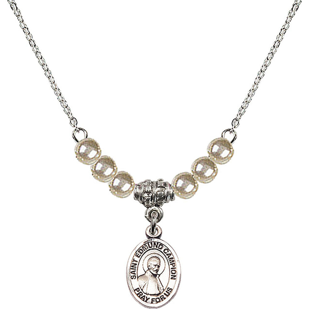 Sterling Silver Saint Edmund Campion Birthstone Necklace with Faux-Pearl Beads - 9333