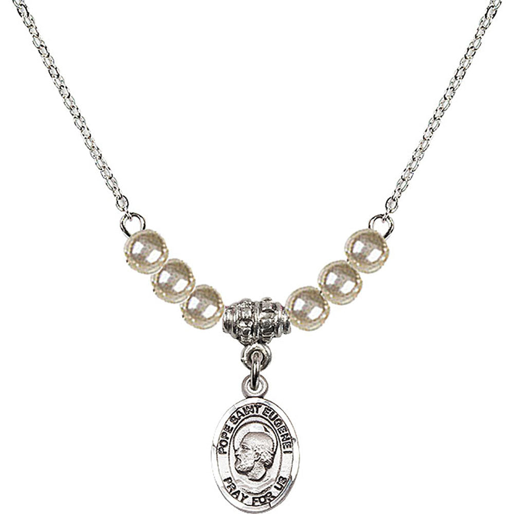 Sterling Silver Pope Saint Eugene I Birthstone Necklace with Faux-Pearl Beads - 9352