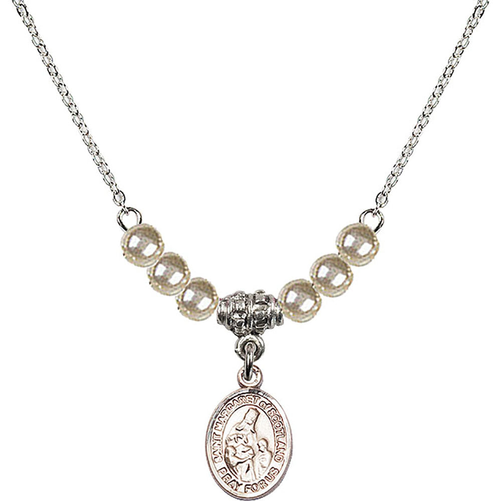 Sterling Silver Saint Margaret of Scotland Birthstone Necklace with Faux-Pearl Beads - 9407