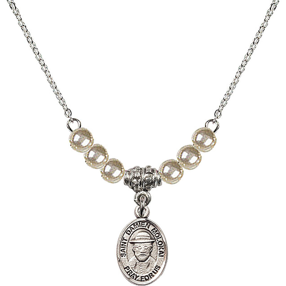 Sterling Silver Saint Damien of Molokai Birthstone Necklace with Faux-Pearl Beads - 9412