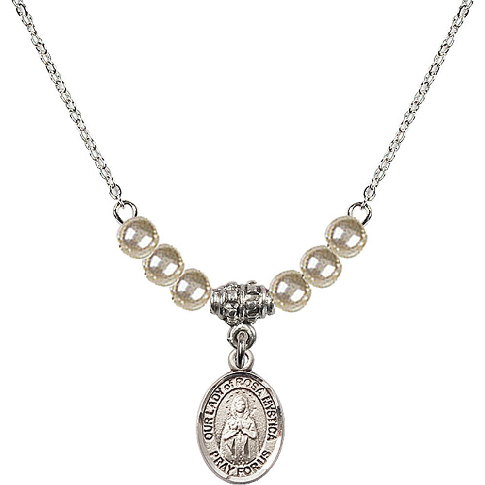 Sterling Silver Our Lady of Rosa Mystica Birthstone Necklace with Faux-Pearl Beads - 9413