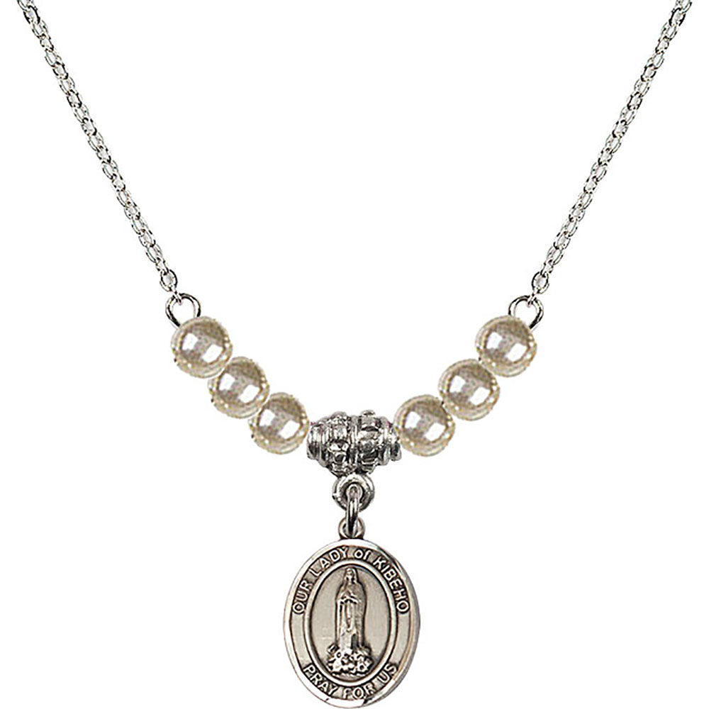 Sterling Silver Our Lady of Kibeho Birthstone Necklace with Faux-Pearl Beads - 9414