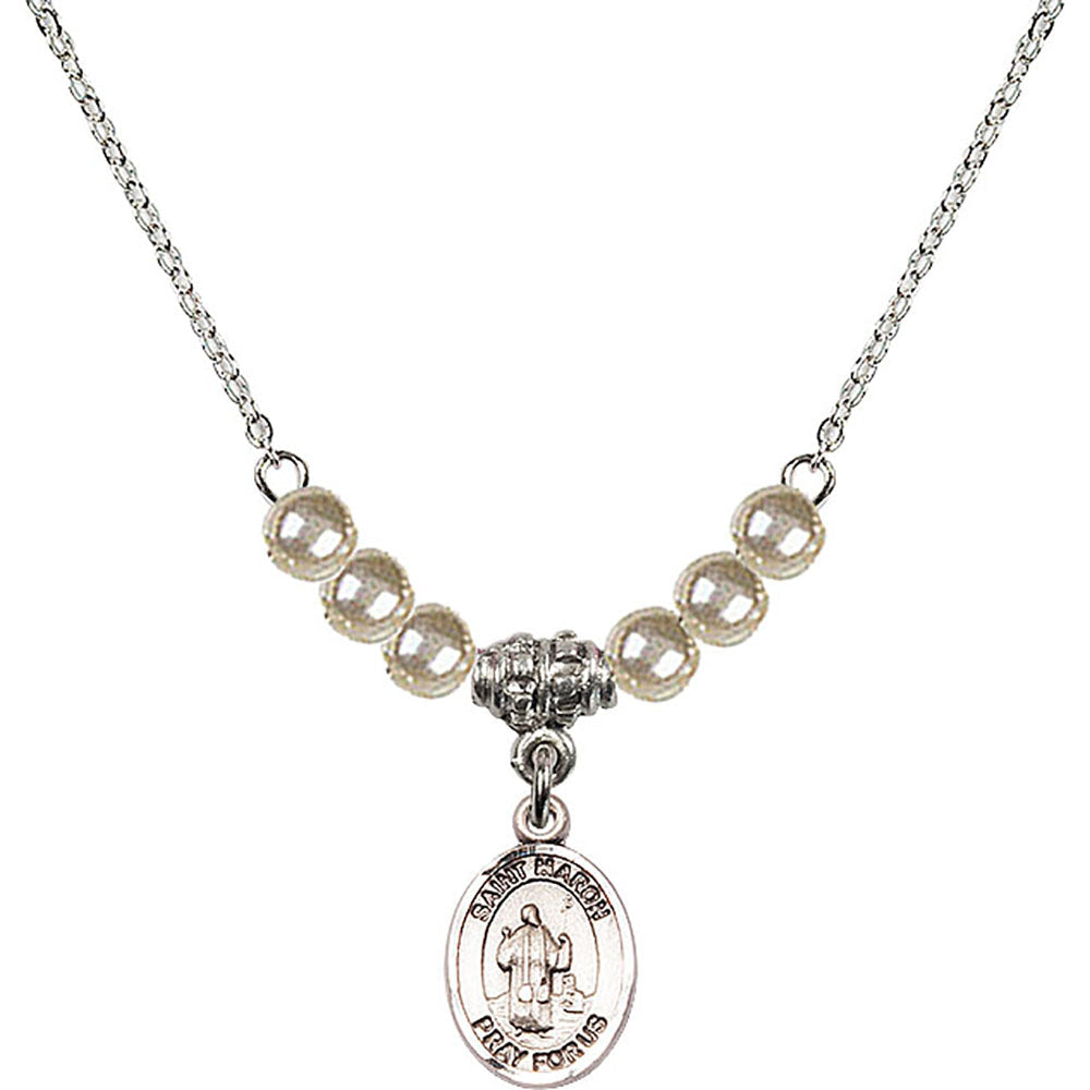 Sterling Silver Saint Maron Birthstone Necklace with Faux-Pearl Beads - 9417