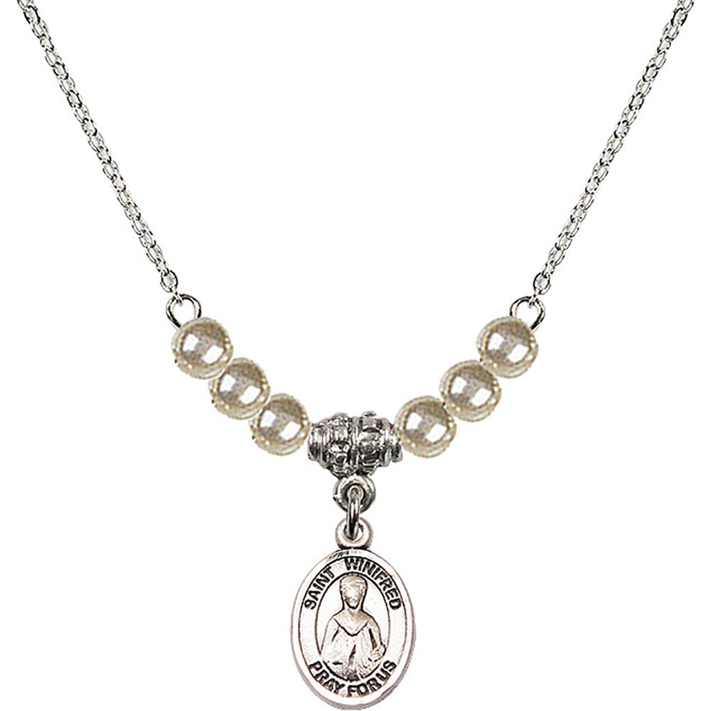 Sterling Silver Saint Winifred of Wales Birthstone Necklace with Faux-Pearl Beads - 9419