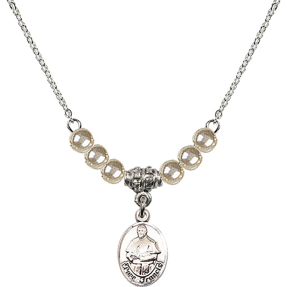 Sterling Silver Pope Francis Birthstone Necklace with Faux-Pearl Beads - 9451