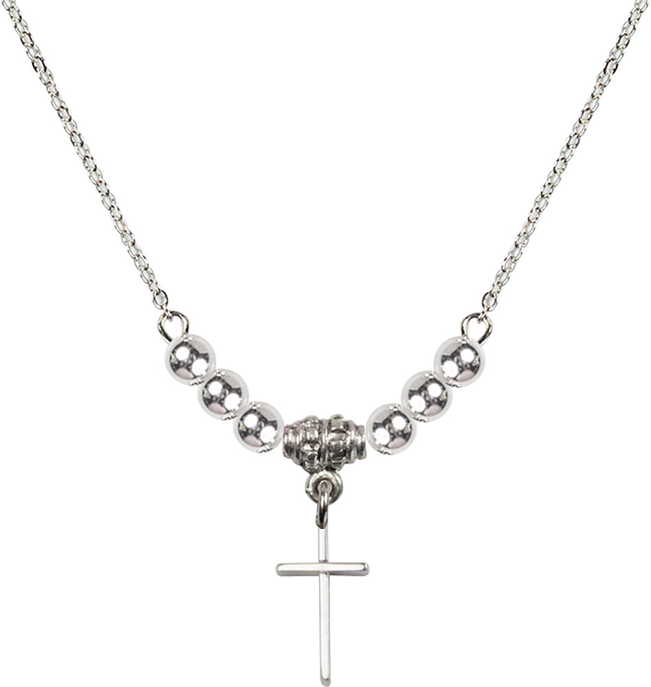 Sterling Silver Cross Birthstone Necklace with Sterling Silver Beads - 0014