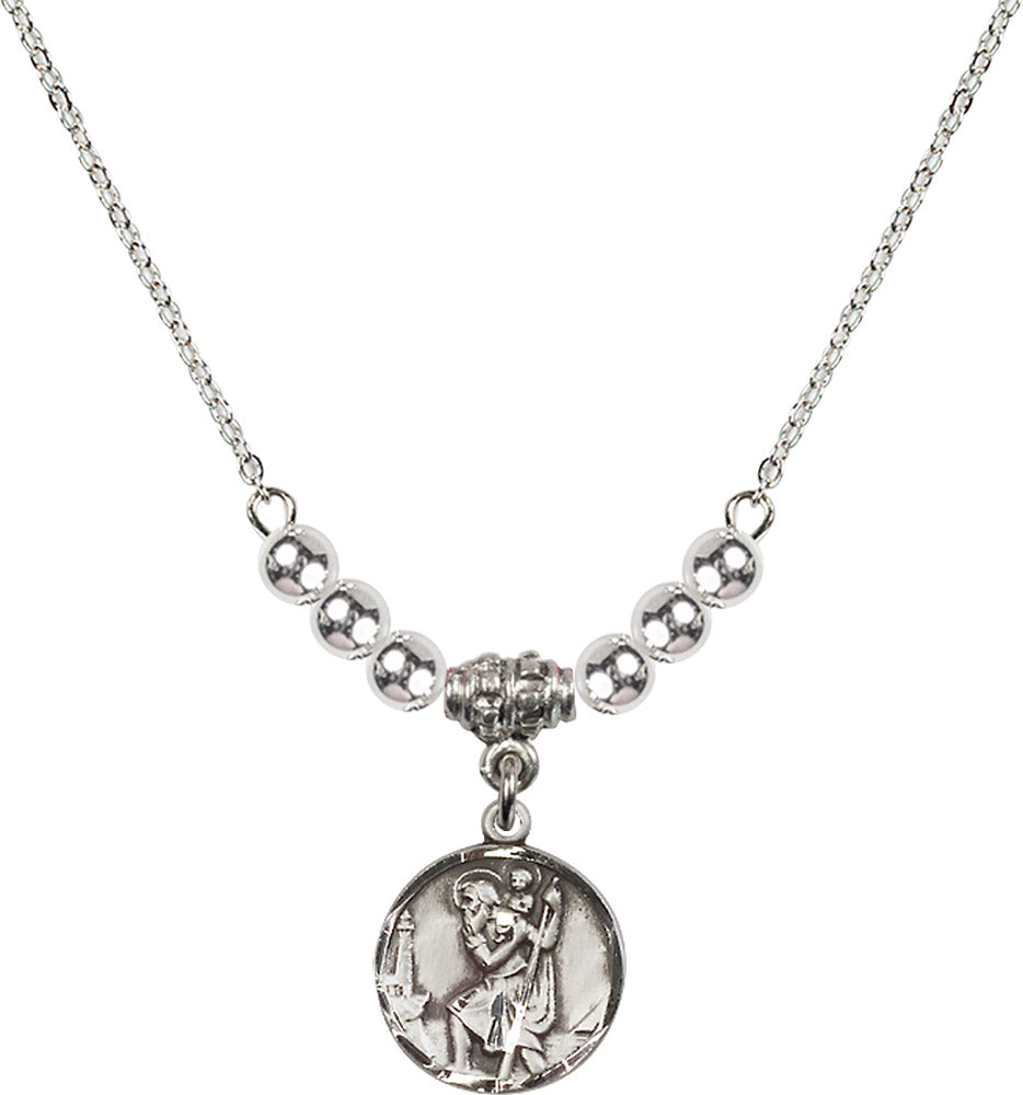 Sterling Silver Saint Christopher Birthstone Necklace with Sterling Silver Beads - 0601