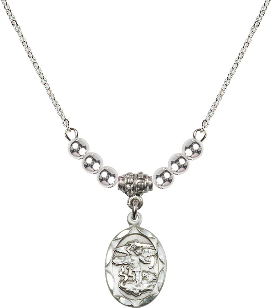 Sterling Silver Saint Michael the Archangel Birthstone Necklace with Sterling Silver Beads - 0612