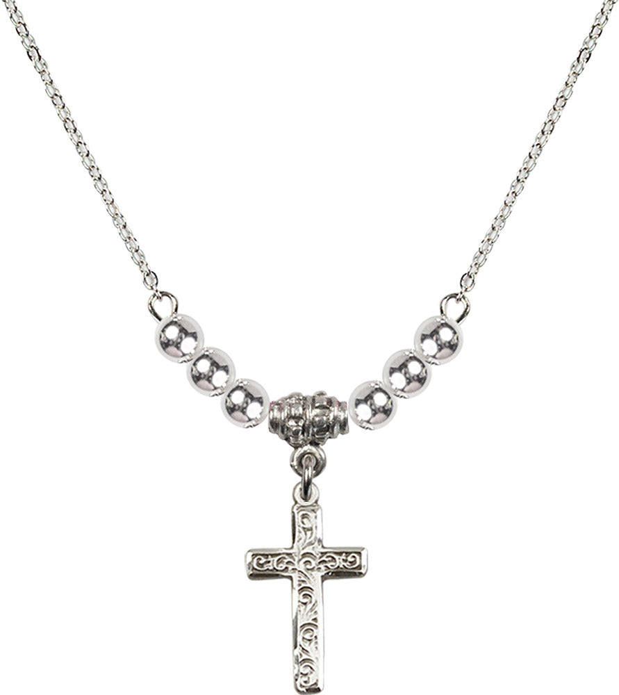 Sterling Silver Cross Birthstone Necklace with Sterling Silver Beads - 0672