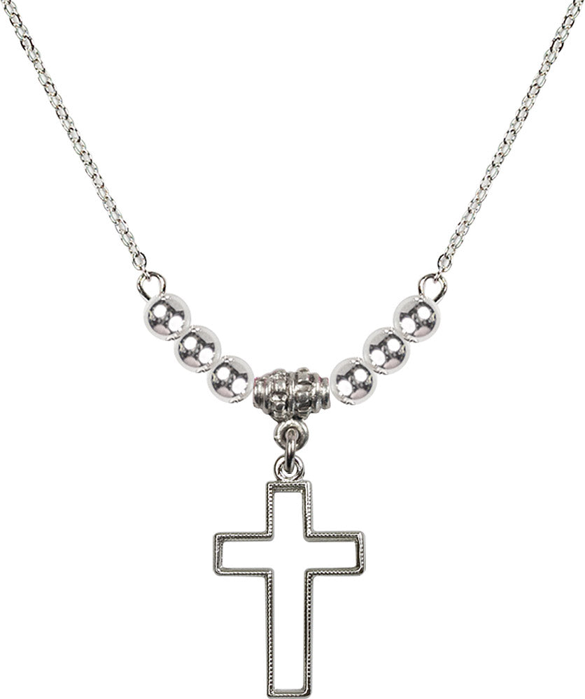 Sterling Silver Cross Birthstone Necklace with Sterling Silver Beads - 1708