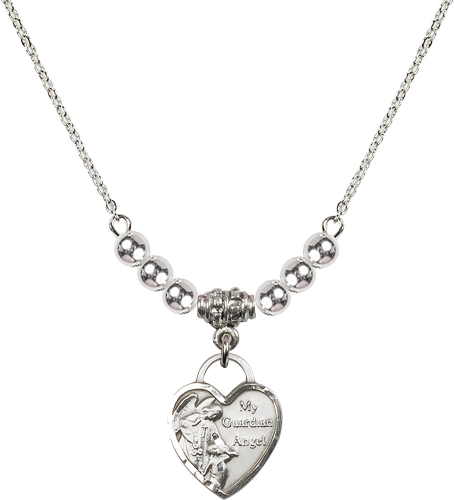 Sterling Silver Guardian Angel Heart Birthstone Necklace with Sterling Silver Beads - 3402