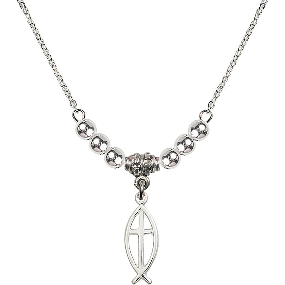 Sterling Silver Fish / Cross Birthstone Necklace with Sterling Silver Beads - 4251