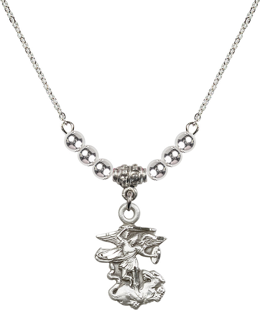 Sterling Silver Saint Michael the Archangel Birthstone Necklace with Sterling Silver Beads - 5940