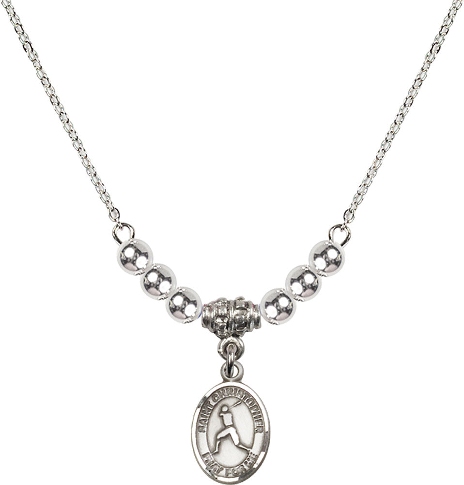 Sterling Silver Saint Christopher/Baseball Birthstone Necklace with Sterling Silver Beads - 9150