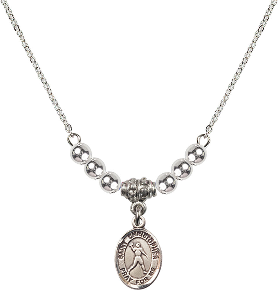 Sterling Silver Saint Christopher/Football Birthstone Necklace with Sterling Silver Beads - 9151