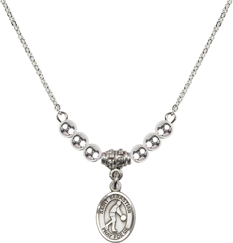 Sterling Silver Saint Sebastian/Basketball Birthstone Necklace with Sterling Silver Beads - 9163