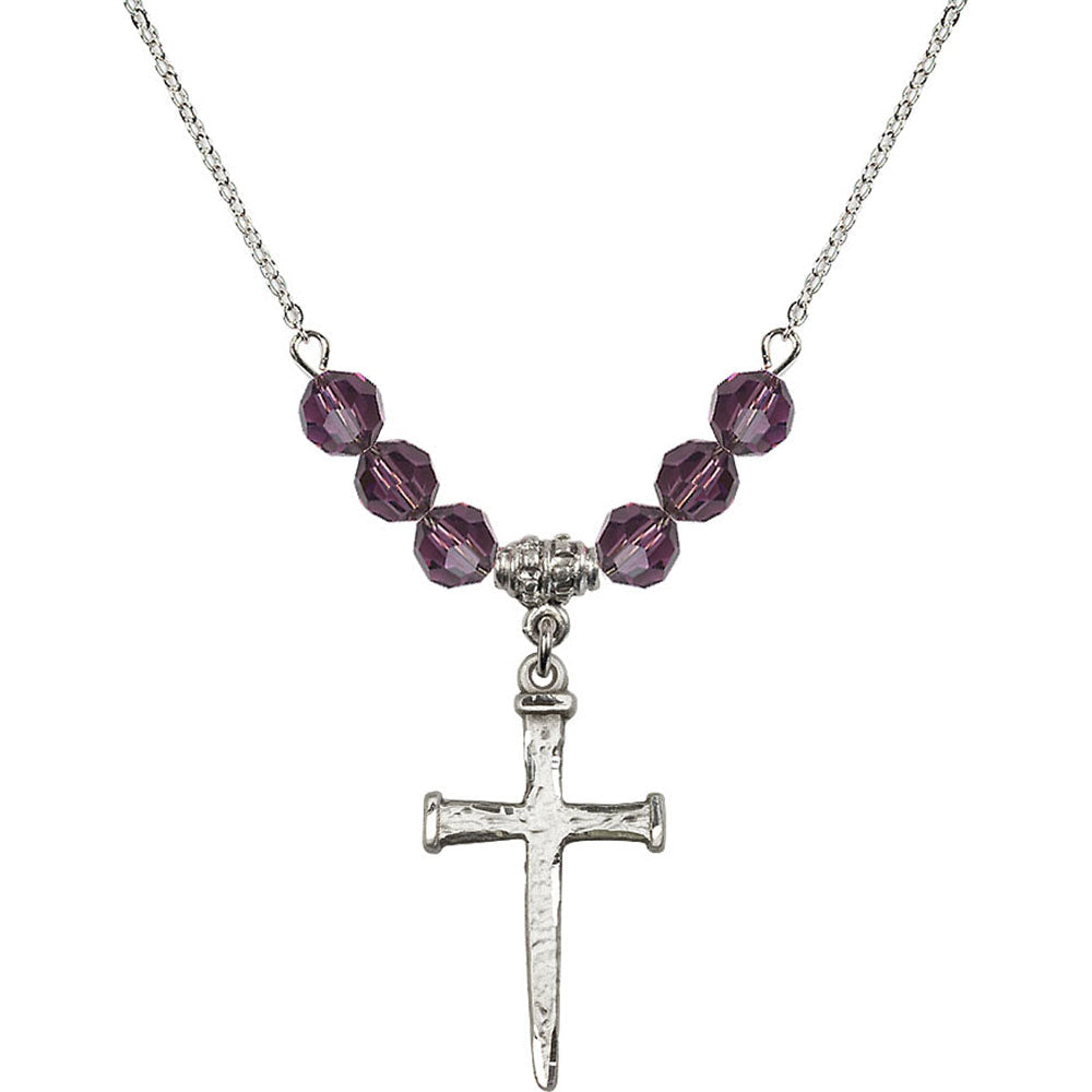Sterling Silver Nail Cross Birthstone Necklace with Amethyst Beads - 0085