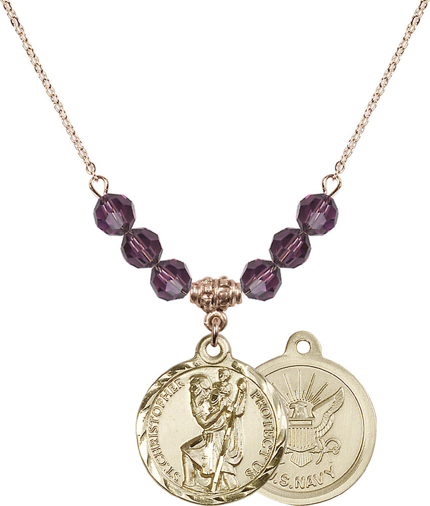 14kt Gold Filled Saint Christopher / Navy Birthstone Necklace with Amethyst Beads - 0192