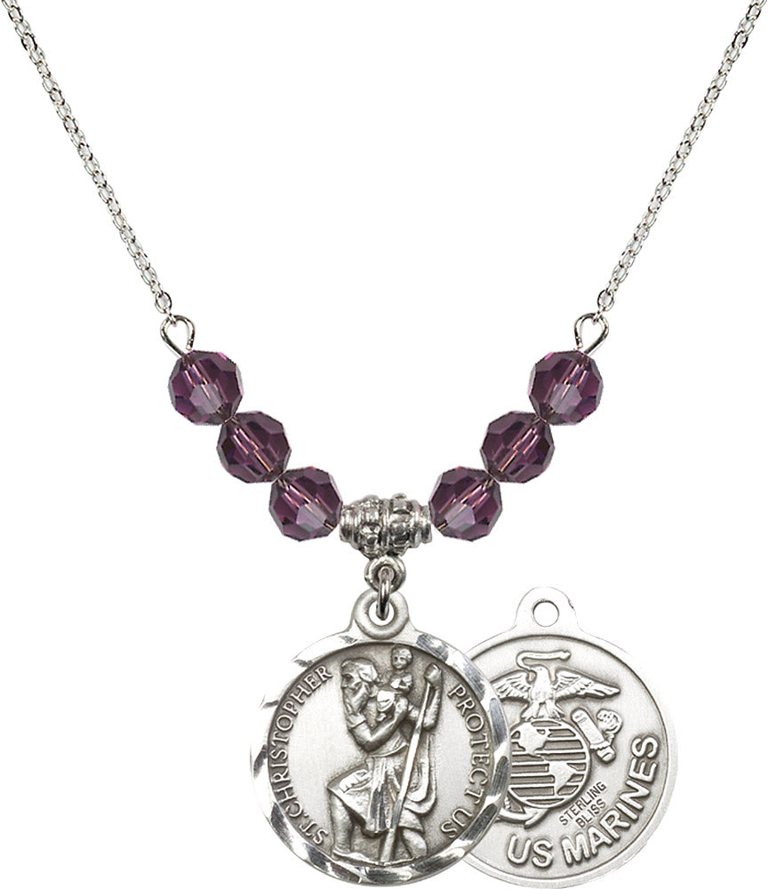 Sterling Silver Saint Christopher / Marines Birthstone Necklace with Amethyst Beads - 0192
