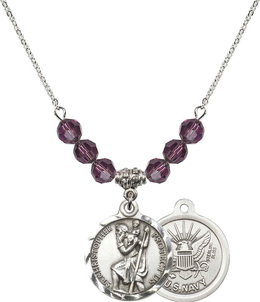 Sterling Silver Saint Christopher / Navy Birthstone Necklace with Amethyst Beads - 0192