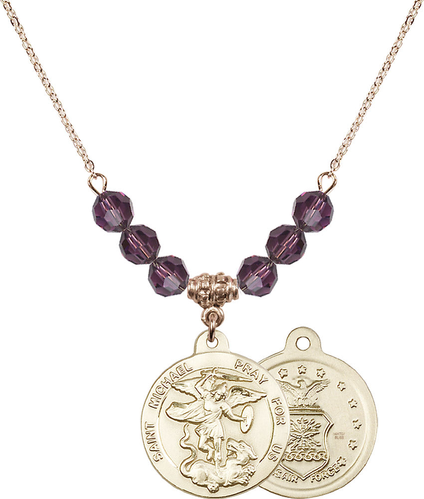14kt Gold Filled Saint Michael / Air Force Birthstone Necklace with Amethyst Beads - 0342