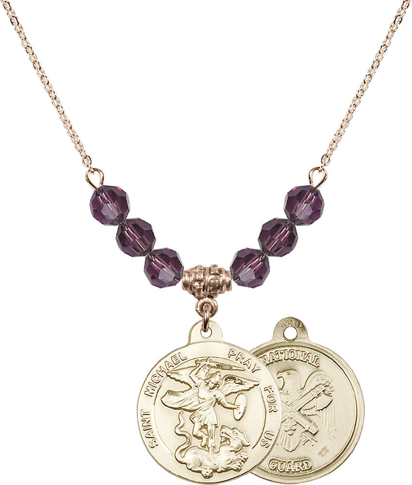 14kt Gold Filled Saint Michael / Nat'l Guard Birthstone Necklace with Amethyst Beads - 0342