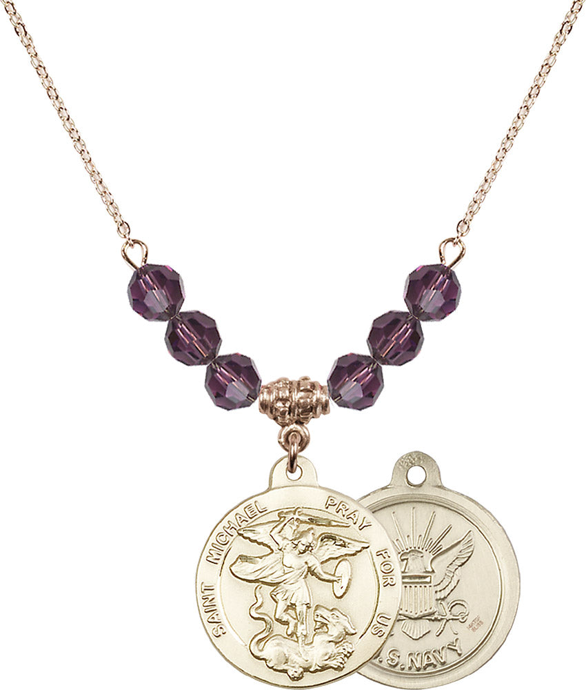 14kt Gold Filled Saint Michael / Navy Birthstone Necklace with Amethyst Beads - 0342