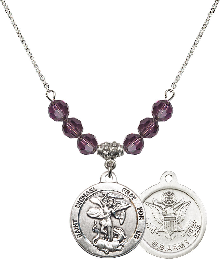 Sterling Silver Saint Michael / Army Birthstone Necklace with Amethyst Beads - 0342