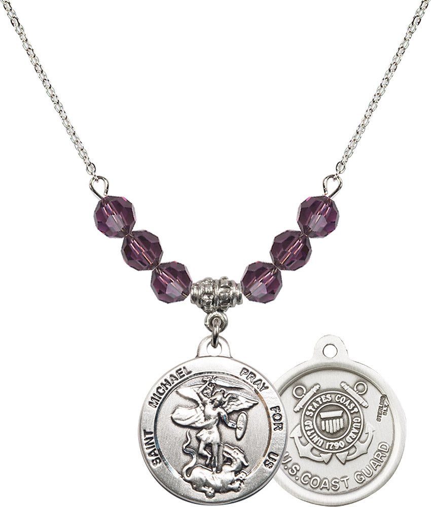 Sterling Silver Saint Michael / Coast Guard Birthstone Necklace with Amethyst Beads - 0342