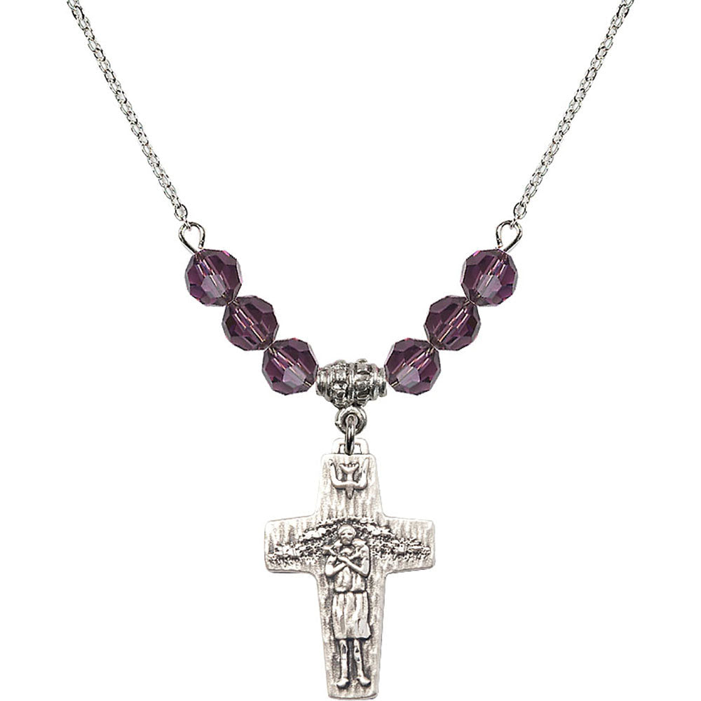 Sterling Silver Papal Crucifix Birthstone Necklace with Amethyst Beads - 0569