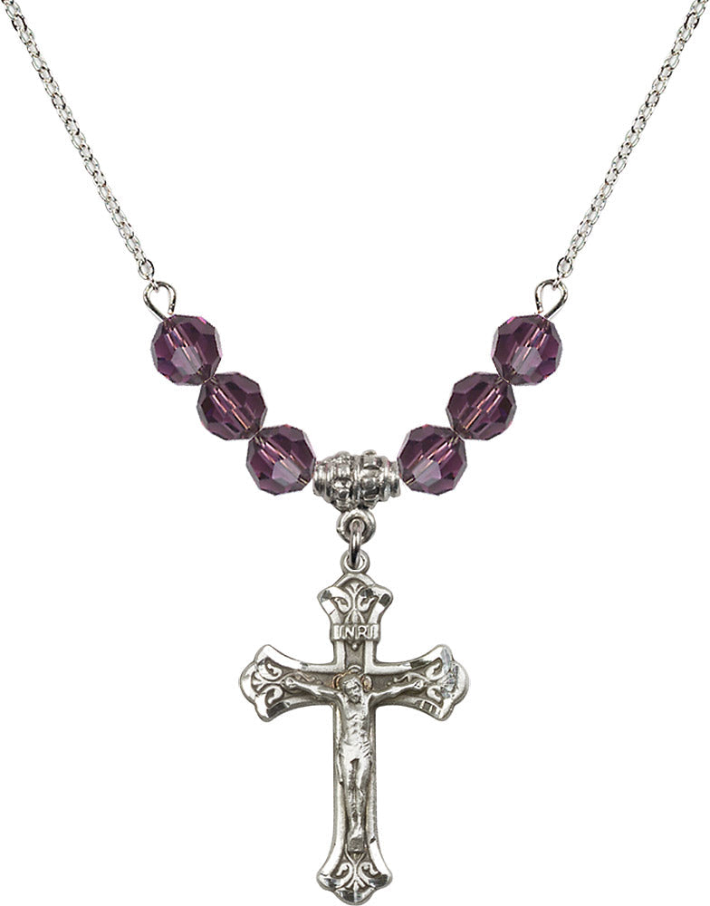 Sterling Silver Crucifix Birthstone Necklace with Amethyst Beads - 0622