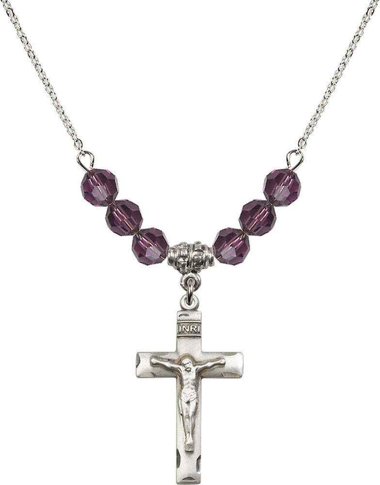Sterling Silver Crucifix Birthstone Necklace with Amethyst Beads - 0624