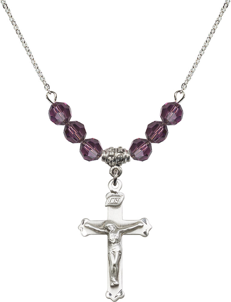 Sterling Silver Crucifix Birthstone Necklace with Amethyst Beads - 0651