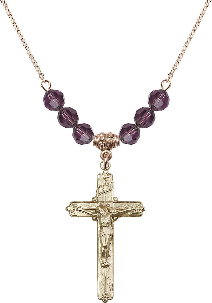 14kt Gold Filled Crucifix Birthstone Necklace with Amethyst Beads - 0655