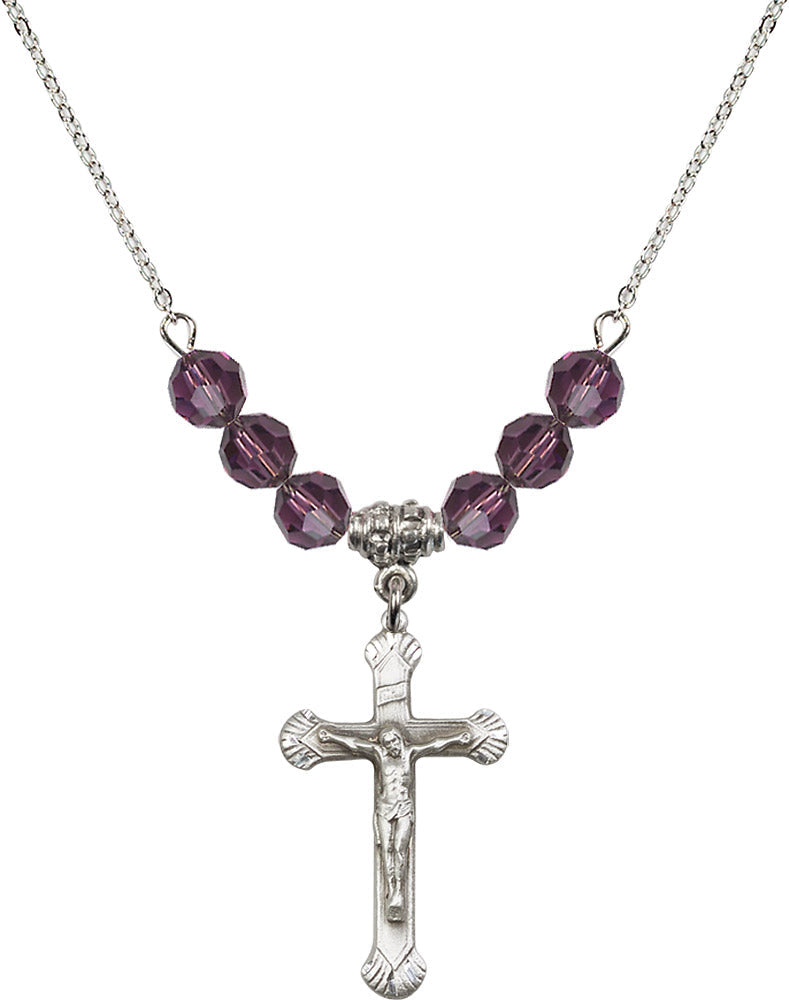Sterling Silver Crucifix Birthstone Necklace with Amethyst Beads - 0664